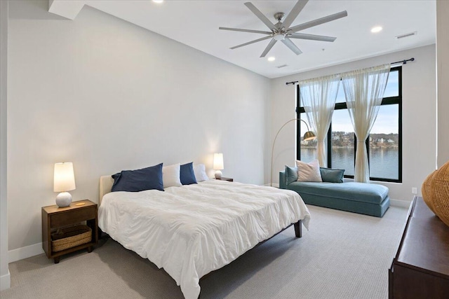 40 US Pl Unit 2B, Sunrise Beach, MO 65079 - bedroom featuring recessed lighting, light colored carpet, visible vents, and baseboards