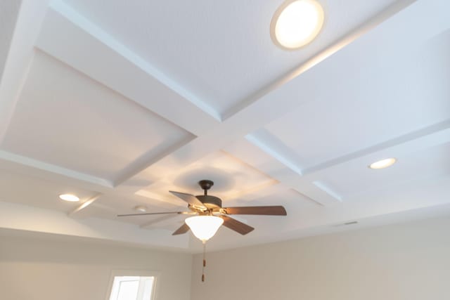 interior details featuring recessed lighting, a ceiling fan, and coffered ceiling