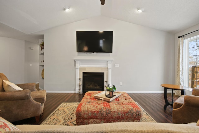 living area with a glass covered fireplace, vaulted ceiling, wood finished floors, and baseboards