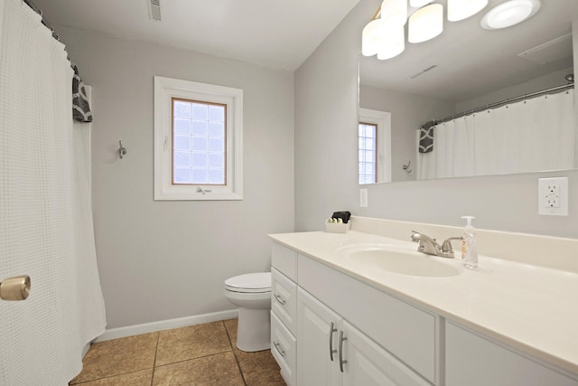 full bath featuring visible vents, toilet, tile patterned flooring, baseboards, and vanity