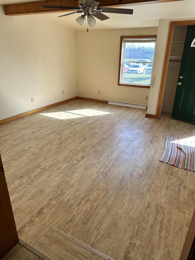 spare room with wood finished floors, a ceiling fan, baseboards, and a baseboard radiator