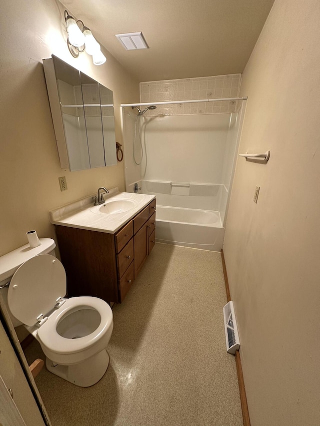 bathroom with visible vents, toilet, vanity, and shower / bathing tub combination