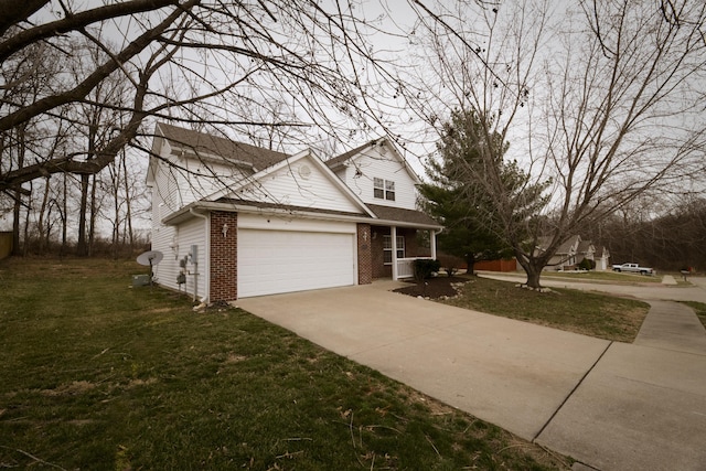 view of front of house featuring brick siding, an attached garage, concrete driveway, and a front lawn