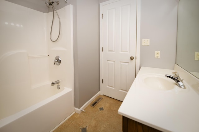 bathroom with tile patterned flooring, visible vents, baseboards, shower / tub combination, and vanity