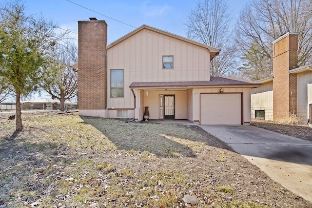 view of front facade featuring a shingled roof, a chimney, concrete driveway, a garage, and board and batten siding