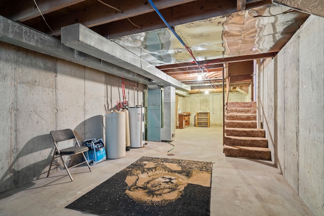 unfinished below grade area featuring stairway, heating unit, and electric water heater