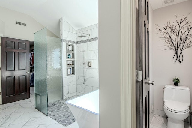 full bath featuring visible vents, toilet, marble finish floor, a walk in shower, and lofted ceiling