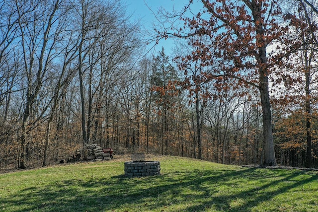 view of yard featuring a view of trees and an outdoor fire pit