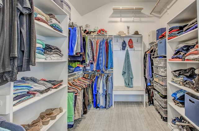 spacious closet with carpet and lofted ceiling