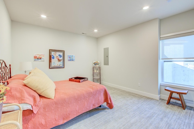 bedroom with visible vents, baseboards, electric panel, carpet flooring, and recessed lighting