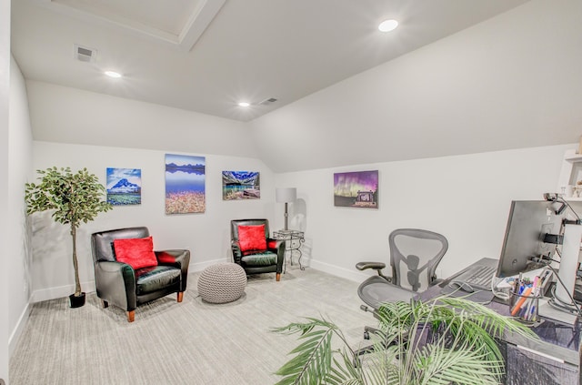 sitting room with baseboards, visible vents, carpet floors, recessed lighting, and vaulted ceiling