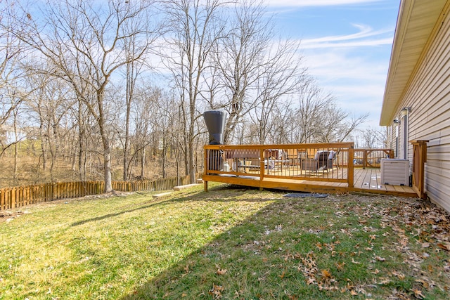 view of yard featuring fence and a wooden deck