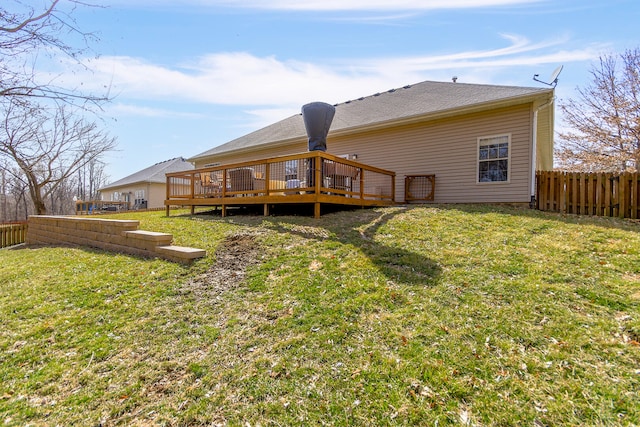 back of house featuring a yard, fence, and a wooden deck