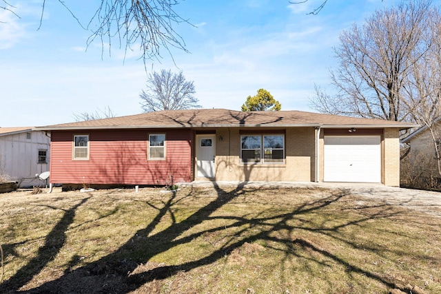 ranch-style house with a front yard, brick siding, a garage, and a shingled roof