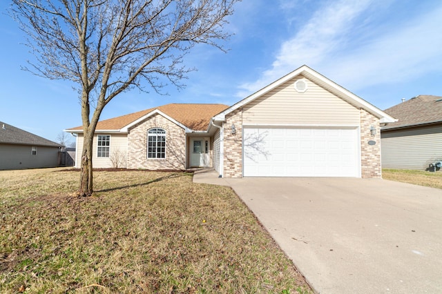 ranch-style home featuring concrete driveway, brick siding, a garage, and a front yard