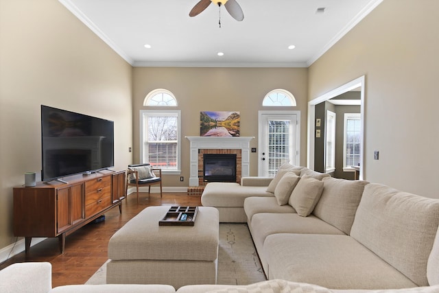 living area with baseboards, plenty of natural light, dark wood-style floors, and ornamental molding