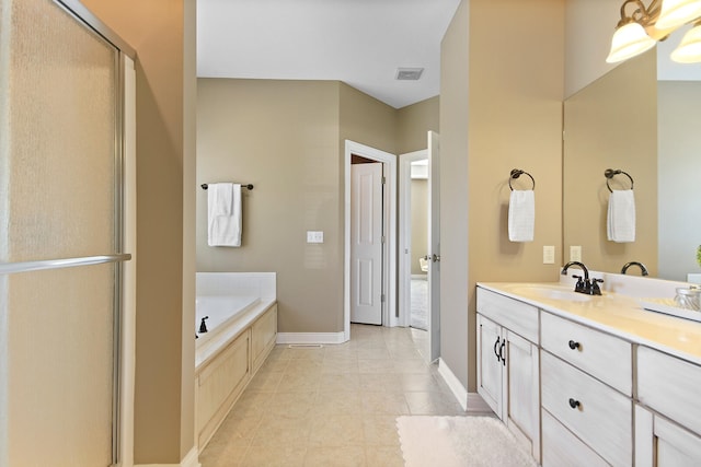 full bathroom featuring a shower with door, tile patterned floors, baseboards, a bath, and vanity