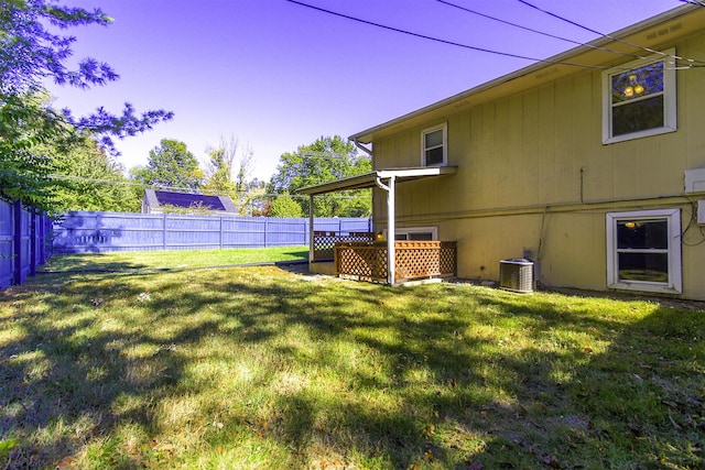 view of yard featuring central air condition unit and a fenced backyard