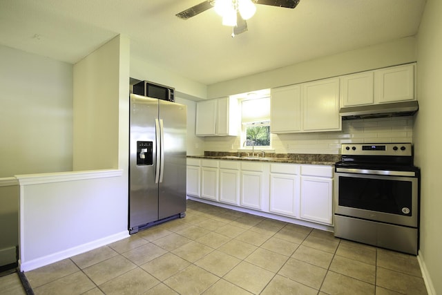 kitchen with a ceiling fan, under cabinet range hood, dark countertops, appliances with stainless steel finishes, and white cabinets