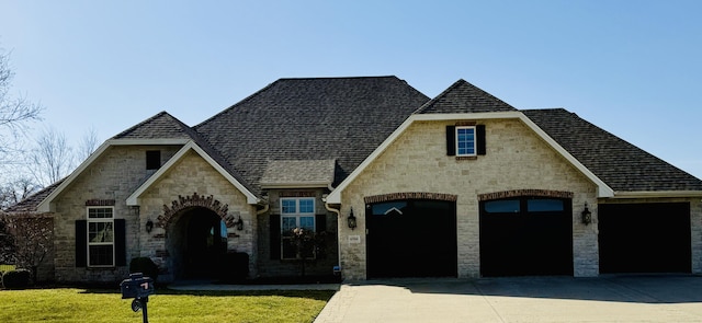 view of front of house featuring a shingled roof, a front lawn, concrete driveway, stone siding, and an attached garage