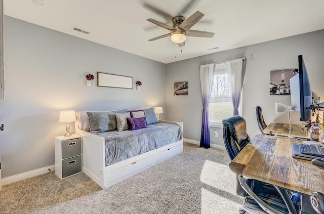 bedroom featuring a ceiling fan, carpet flooring, baseboards, and visible vents