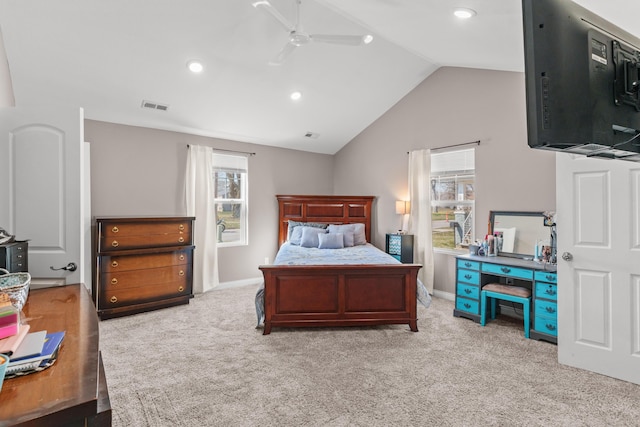 bedroom featuring visible vents, multiple windows, carpet floors, and vaulted ceiling