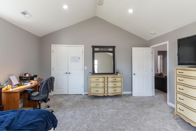 carpeted bedroom featuring visible vents, baseboards, vaulted ceiling, recessed lighting, and a closet