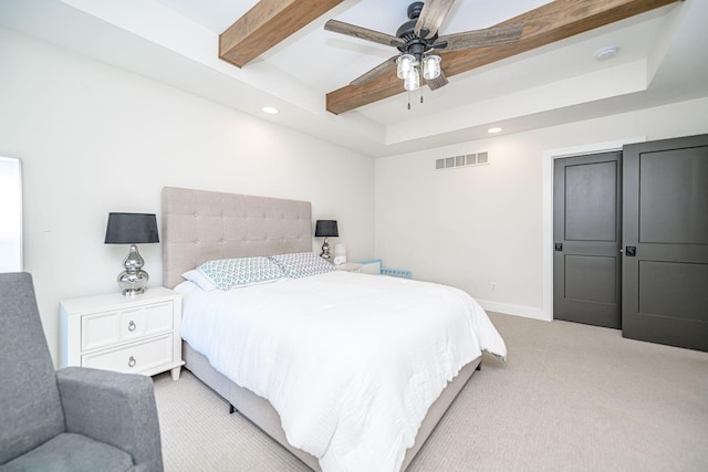 bedroom with recessed lighting, visible vents, beamed ceiling, and light colored carpet