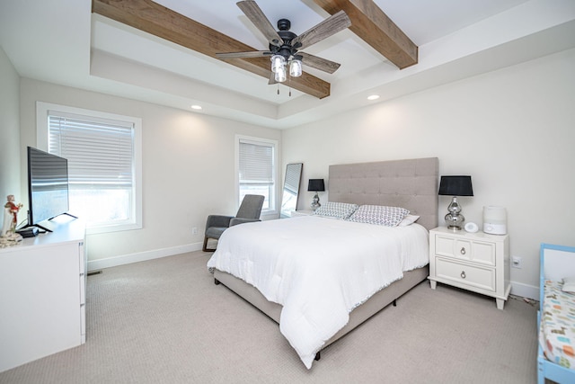 bedroom featuring beamed ceiling, a ceiling fan, recessed lighting, baseboards, and light colored carpet