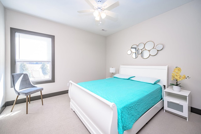 bedroom featuring visible vents, ceiling fan, baseboards, and carpet