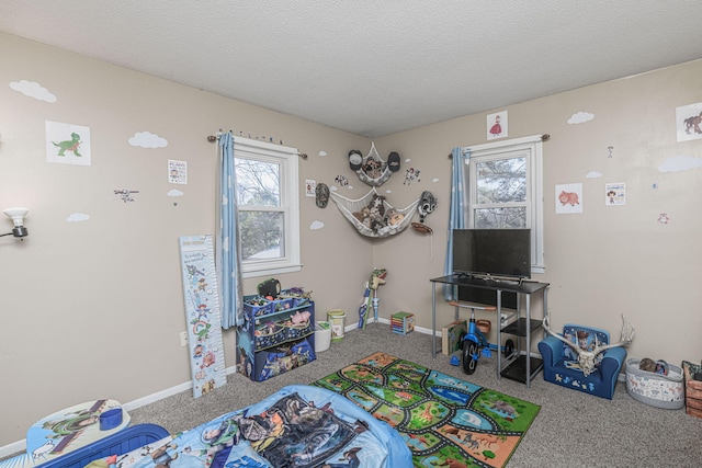 game room with baseboards, a textured ceiling, and carpet floors