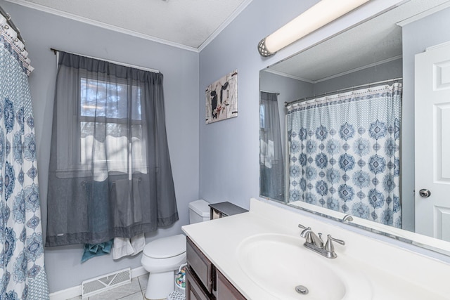 full bath featuring tile patterned flooring, visible vents, toilet, ornamental molding, and vanity