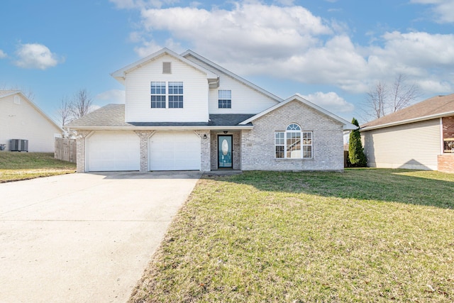 traditional home featuring cooling unit, concrete driveway, a front yard, an attached garage, and brick siding