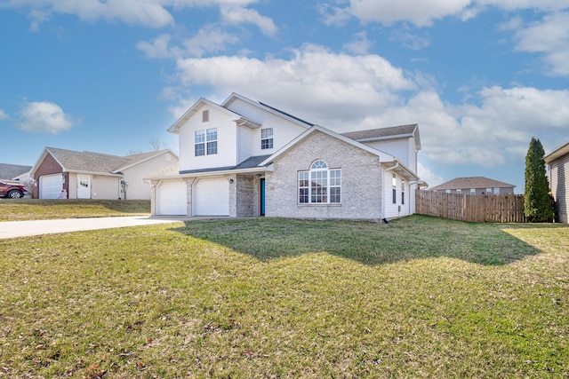 traditional home featuring brick siding, fence, a front yard, driveway, and an attached garage