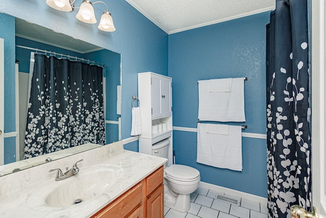 full bathroom featuring vanity, visible vents, crown molding, tile patterned floors, and toilet