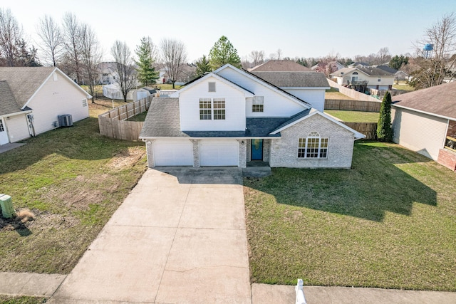 traditional-style home featuring a residential view, concrete driveway, a garage, and fence