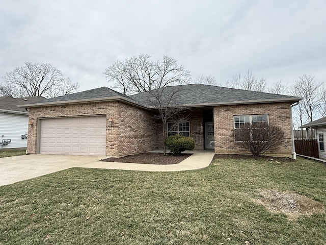 single story home with a front yard, roof with shingles, concrete driveway, a garage, and brick siding