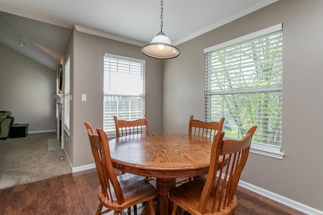4612 Manhasset Dr, Columbia, MO 65203 - dining space featuring baseboards, crown molding, and dark wood-style floors