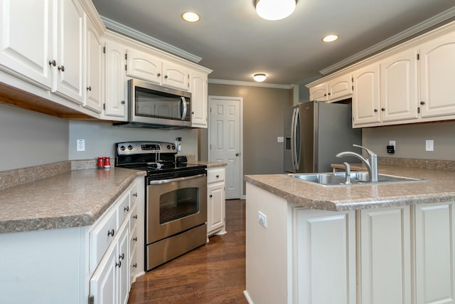 4612 Manhasset Dr, Columbia, MO 65203 - kitchen with a sink, appliances with stainless steel finishes, a peninsula, ornamental molding, and dark wood-type flooring