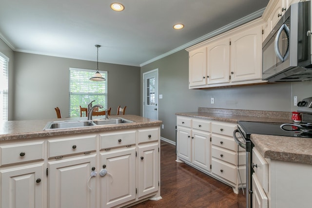 4612 Manhasset Dr, Columbia, MO 65203 - kitchen featuring crown molding, a sink, appliances with stainless steel finishes, dark wood-type flooring, and recessed lighting