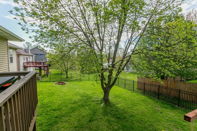 4612 Manhasset Dr, Columbia, MO 65203 - view of yard with a wooden deck, a fenced backyard, and a fire pit