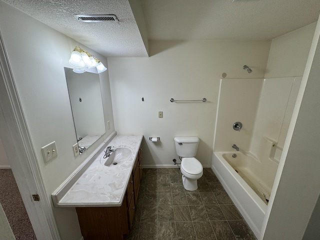 6112 E Forsee Rd, Ashland, MO 65010 - bathroom with a textured ceiling, toilet, vanity, bathtub / shower combination, and baseboards