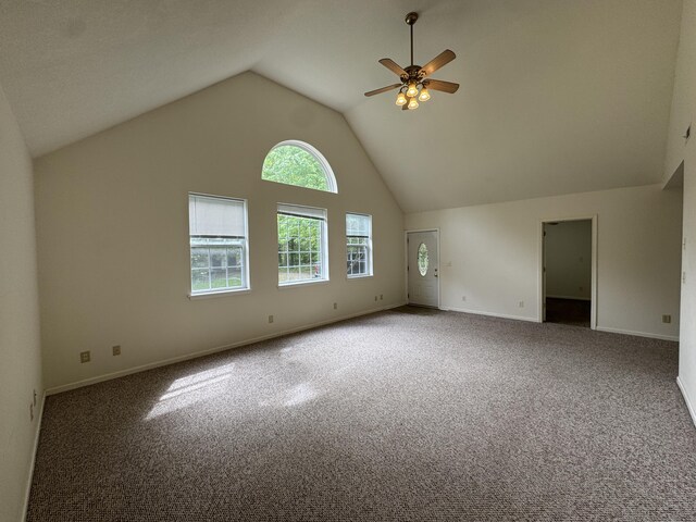 6112 E Forsee Rd, Ashland, MO 65010 - additional living space featuring carpet floors, ceiling fan, baseboards, and high vaulted ceiling