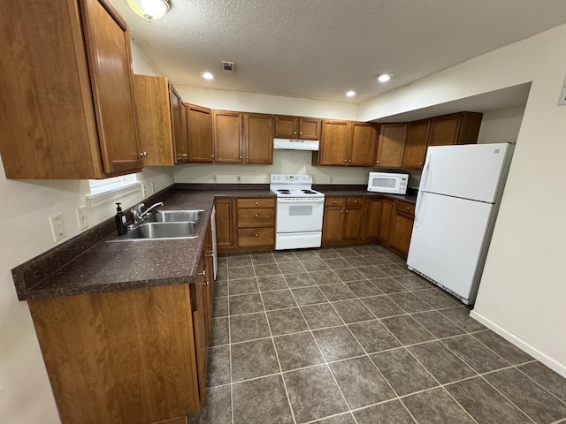 6112 E Forsee Rd, Ashland, MO 65010 - kitchen featuring white appliances, a sink, under cabinet range hood, dark countertops, and brown cabinetry