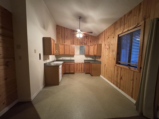 6112 E Forsee Rd, Ashland, MO 65010 - kitchen with wood walls, lofted ceiling, a sink, baseboards, and a ceiling fan