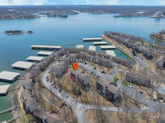 drone / aerial view featuring a water view