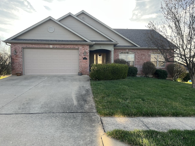 view of front of house featuring concrete driveway, brick siding, a front yard, an attached garage, and roof with shingles