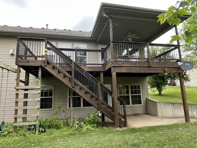 606 Billy Joe Sapp Dr, Ashland, MO 65010 - rear view of house with a ceiling fan, a patio area, a deck, and stairway