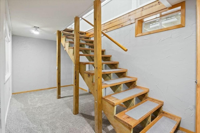 28489 Possum Trot Rd, Stover, MO 65078 - stairs featuring baseboards, a textured wall, and carpet flooring