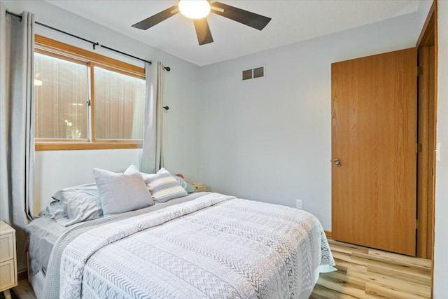 28489 Possum Trot Rd, Stover, MO 65078 - bedroom with a ceiling fan, light wood finished floors, and visible vents